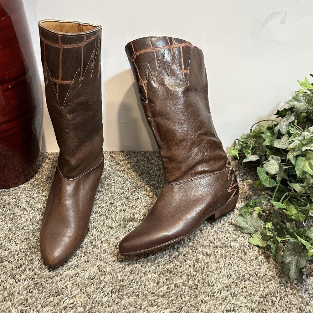 Capezio Vintage Knee High Cowboy Western Boots Size 5 Made In USA Brown Leather - Picture 3 of 11
